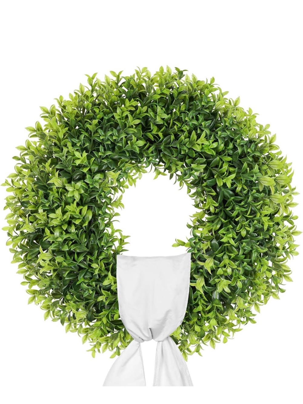 Green Boxwood Holiday Wreath with White Sash 22" Farmhouse,UV Resist,Year Round